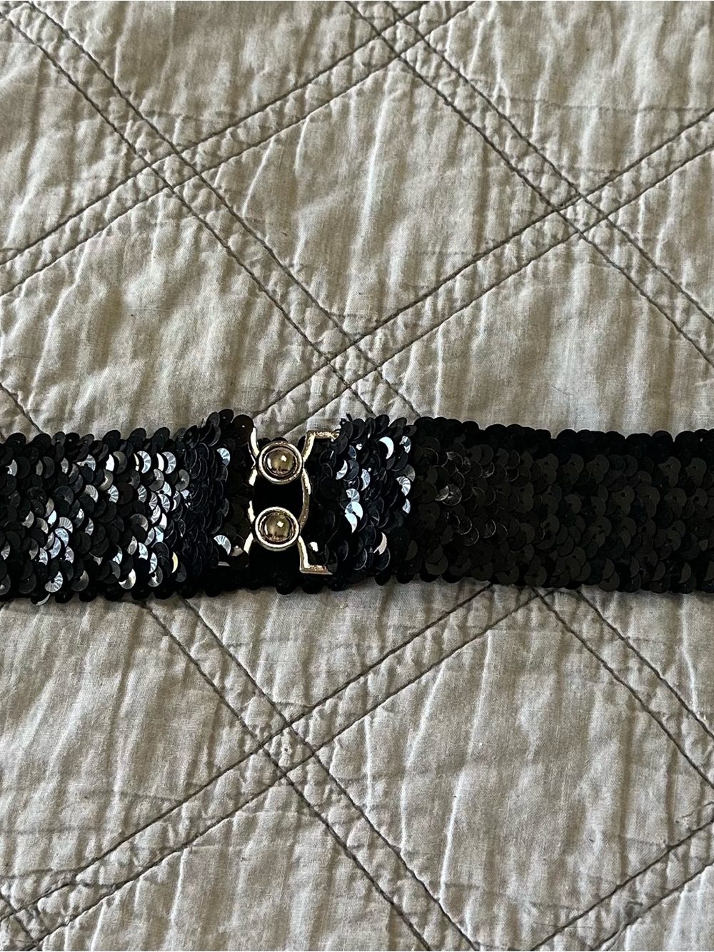 Black Sequin Stretch Belt with Silver-Tone Clasp. 30 in total length of belt